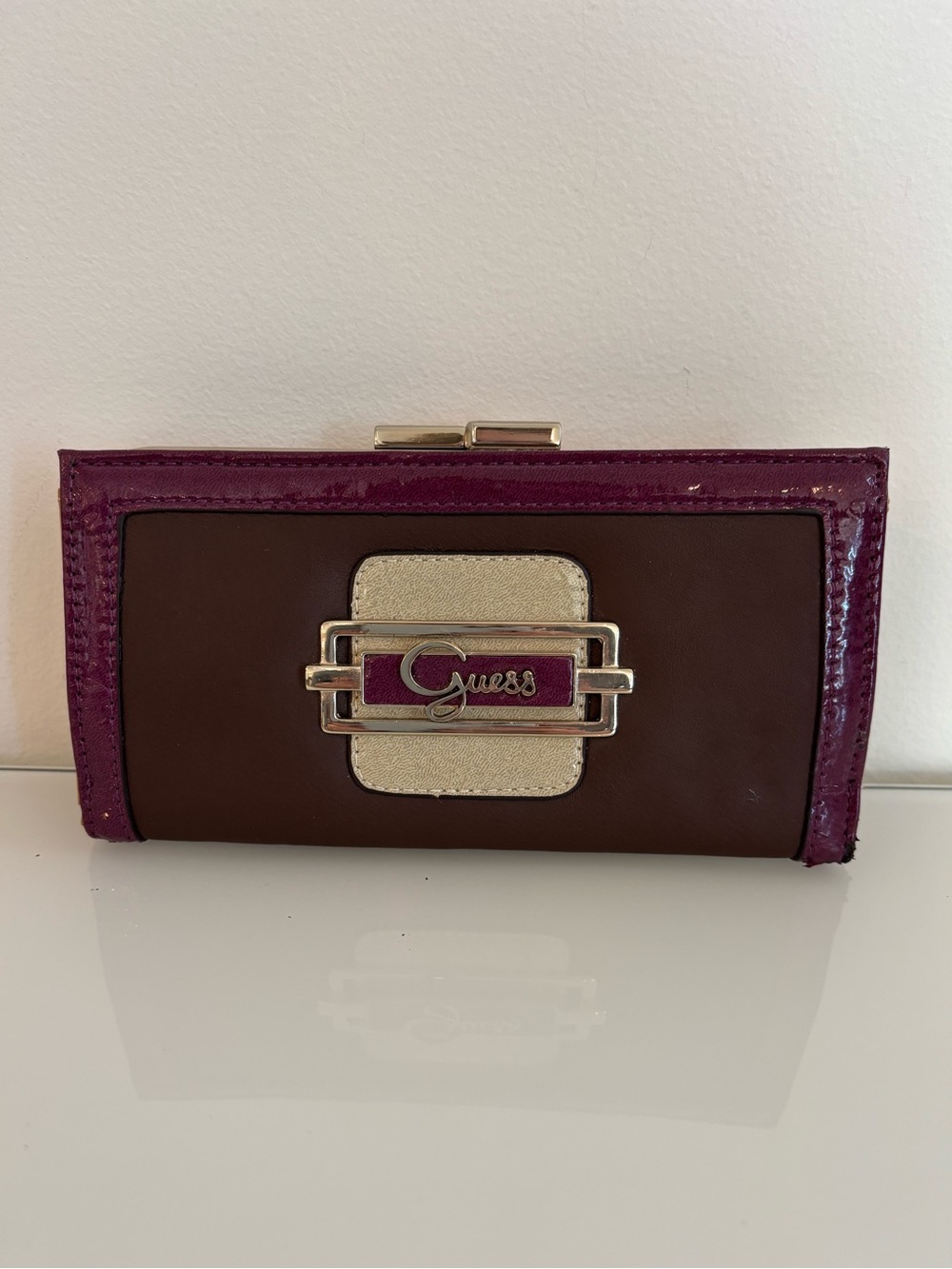 Vintage Guess Y2K Colorblock Kiss Lock Wallet Brown Purple